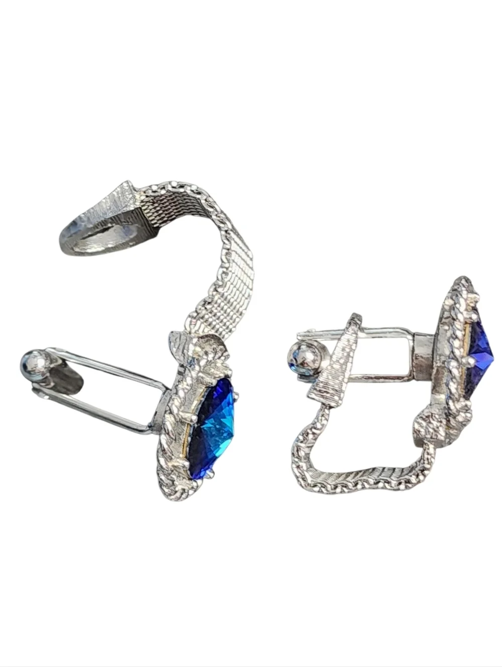 Dante Silvertone Tie Clip Cufflink Set Mesh Blue Rivoli Crystals Vintage